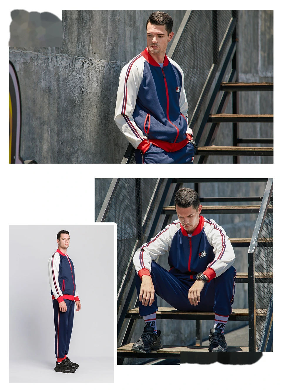 Mens sports jackets full zip color block stripe sweatshirts detail