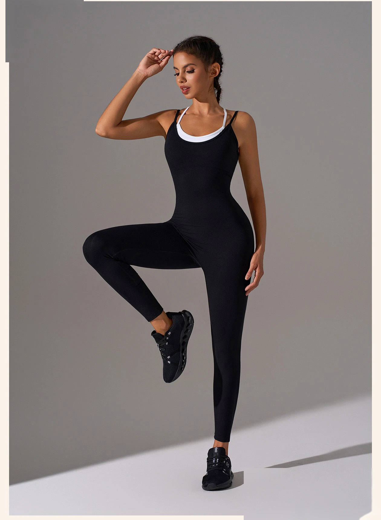 Custom Women’s Fake Two Piece Design Yoga Bodysuit Sexy Beauty Back Slim Fit Workout Jumpsuit detail