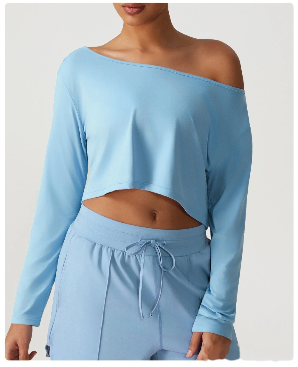 Customized diagonal shoulder long sleeve sports and leisure top high elastic loose T-shirt yoga fitness suit detail