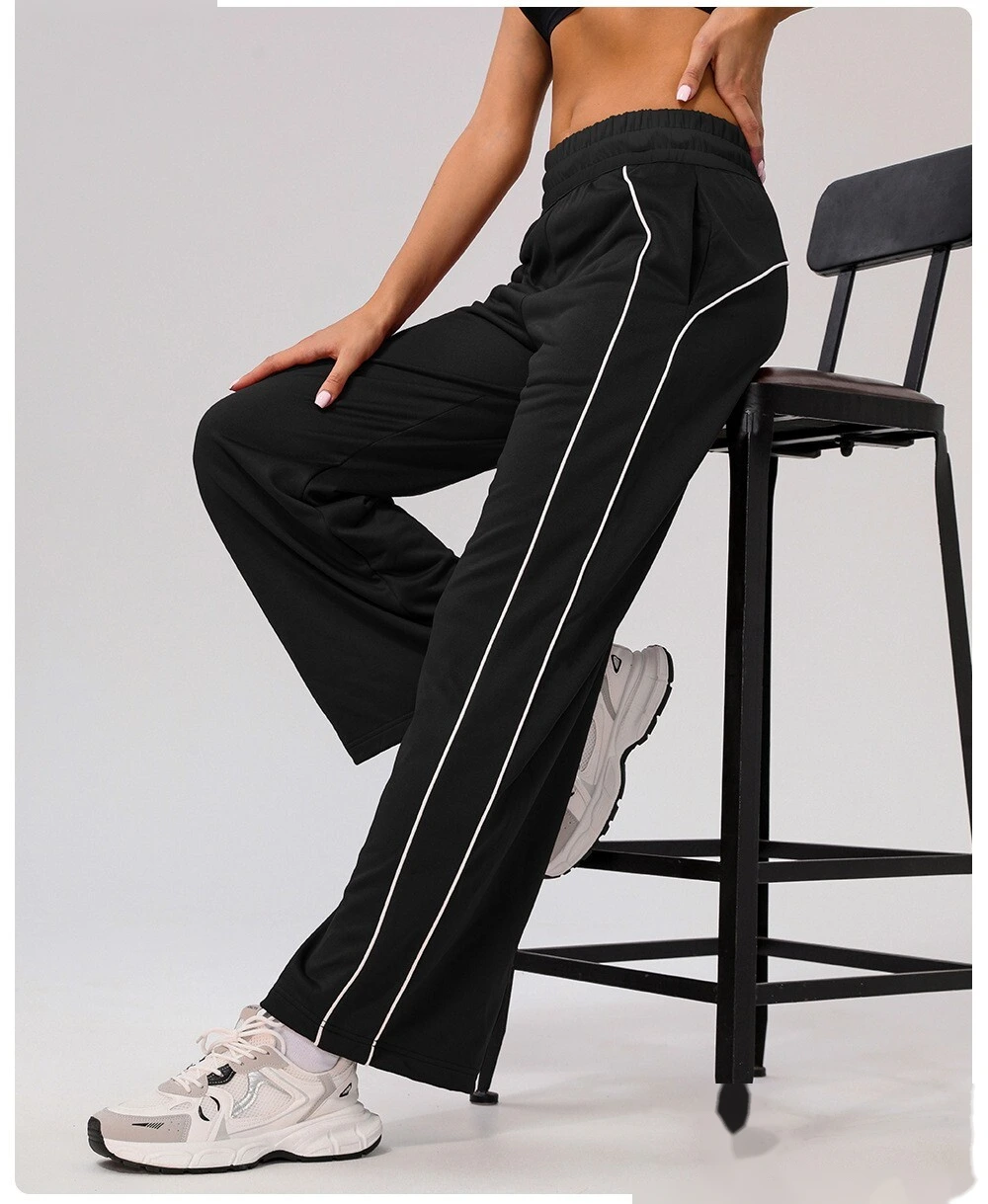 Custom leisure sports pants contrast American loose straight pants women's pocket yoga hip fitness wide-leg pants detail