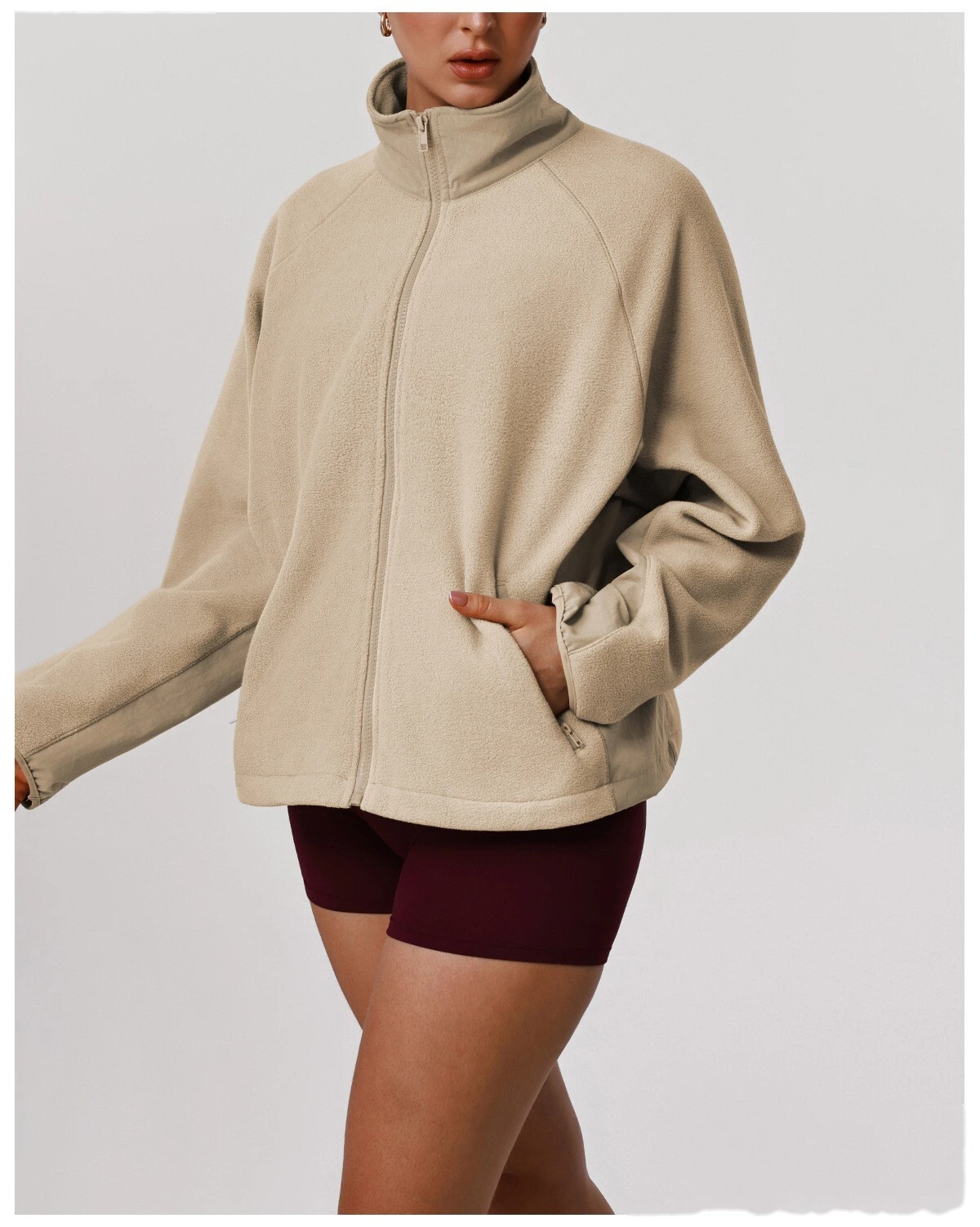 Bulk Custom Women's Fleece Jacket - Winter Warm Loose Fit Open-Front Sports Sweatshirt detail