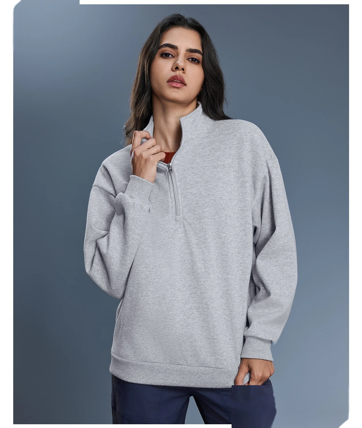 Custom Women's Winter Half-Zip Sweatshirt | Fleece-Lined Stand Collar, Loose Fit & Warm detail