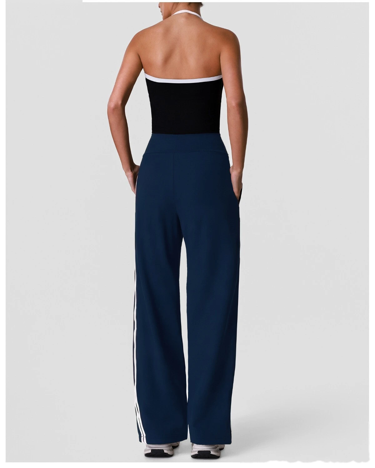 Halter Padded Sports Vest & Color Block Striped Wide Leg Pants Set for Women, Fitness Running Workout Suit detail