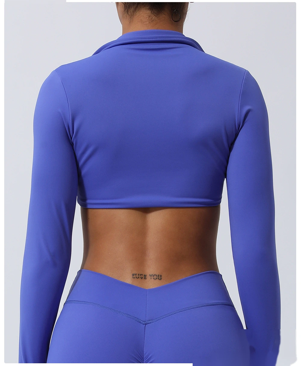 Custom-made nude lapel twisted sports shirt sexy navel yoga clothes long sleeve T-shirt detail