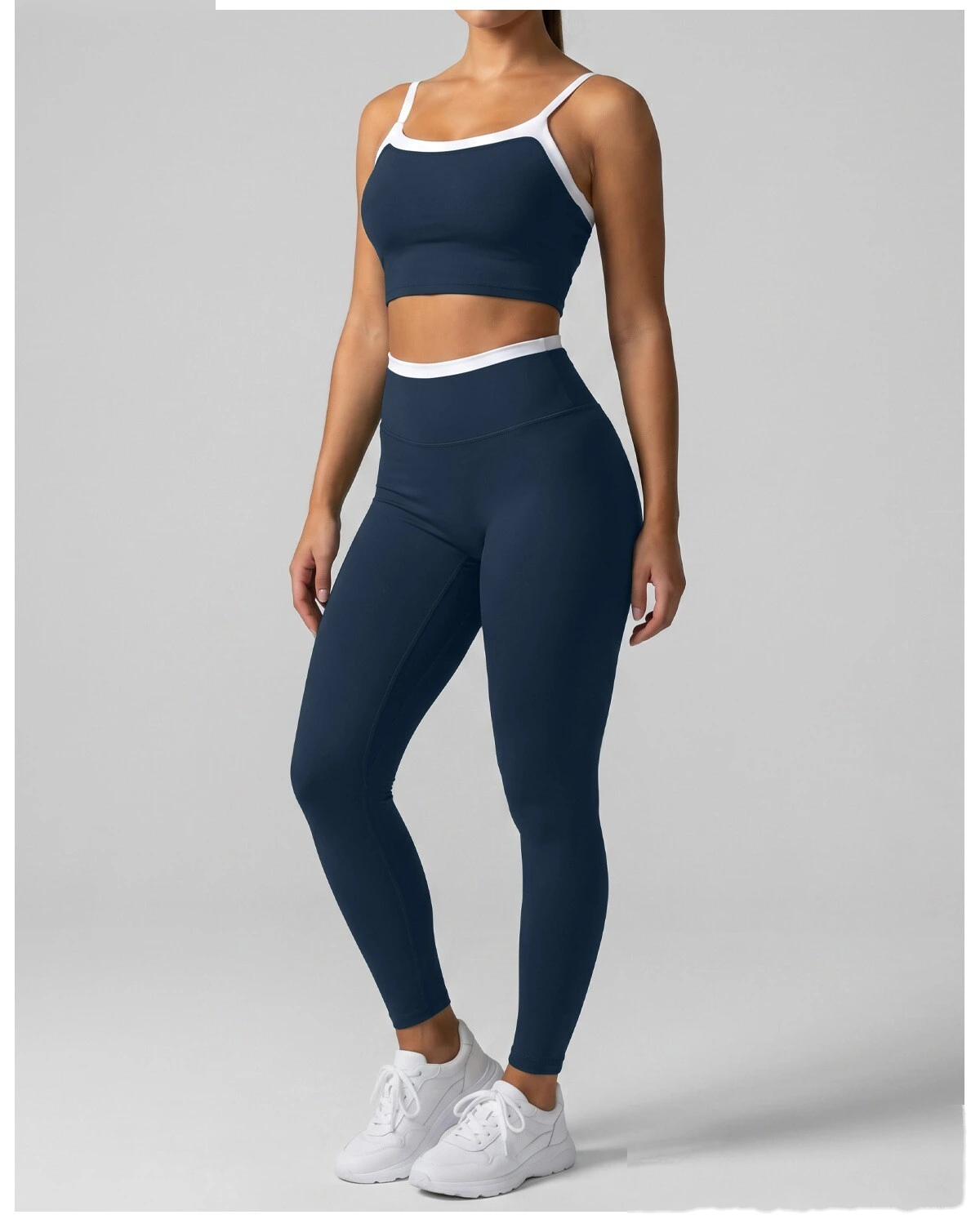 Women Contrast Color Activewear Set, Crisscross Back Tank Top + High Rise Stretch Leggings, Soft Naked-Feel Gym Outfit detail
