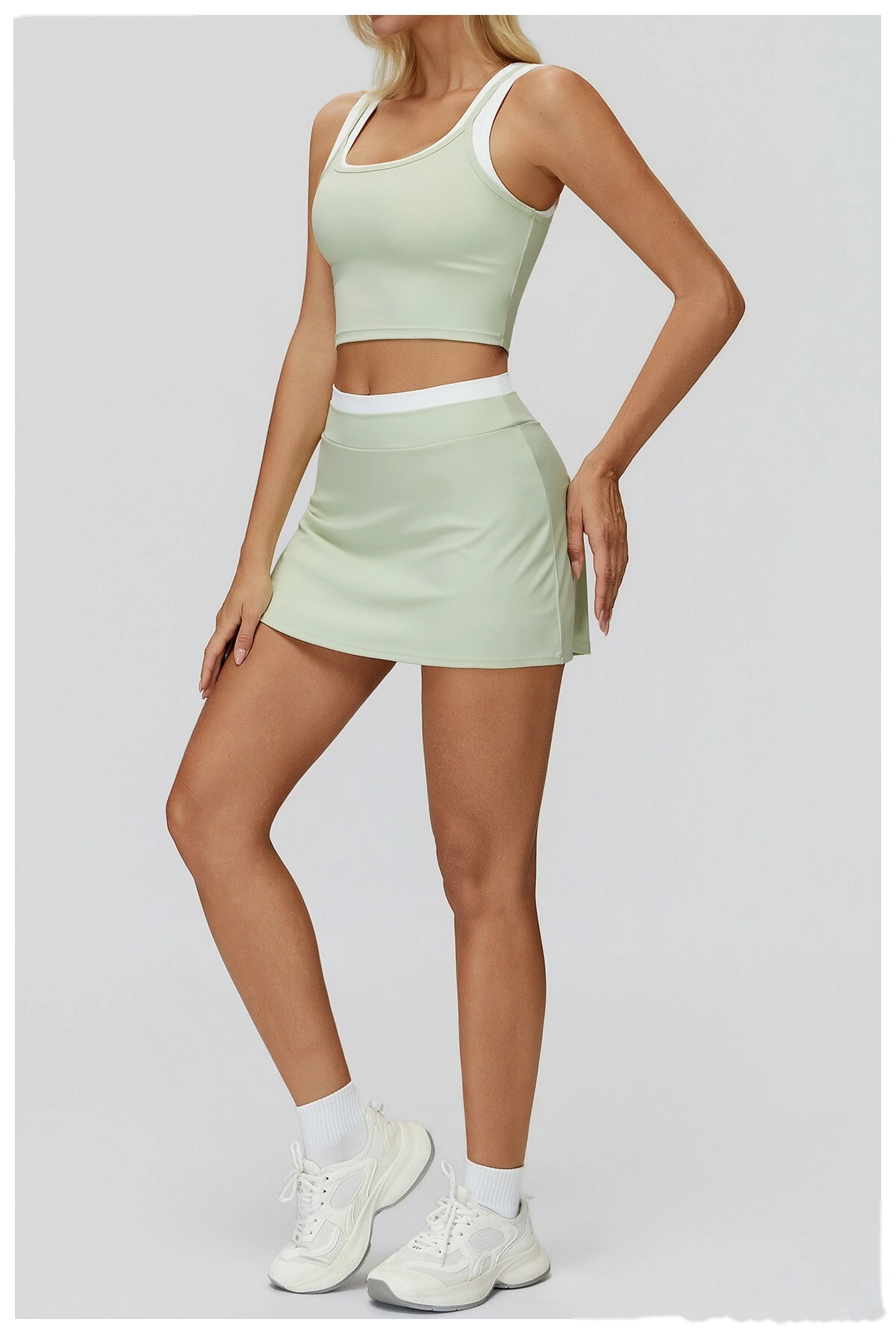 Customizable Naked-Feel Athletic Skirt | Women's Contrast High-Waist Ribbed, Fake Two-Piece, Anti-Slip detail