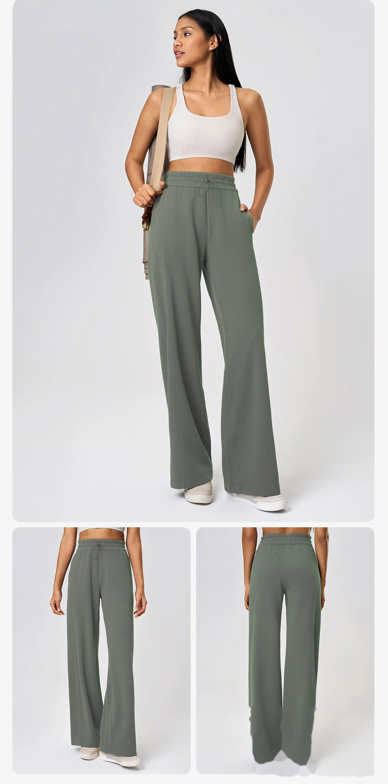 Yoga high waist straight pants waist drawstring casual pants with long legs and loose wide legs running pants detail