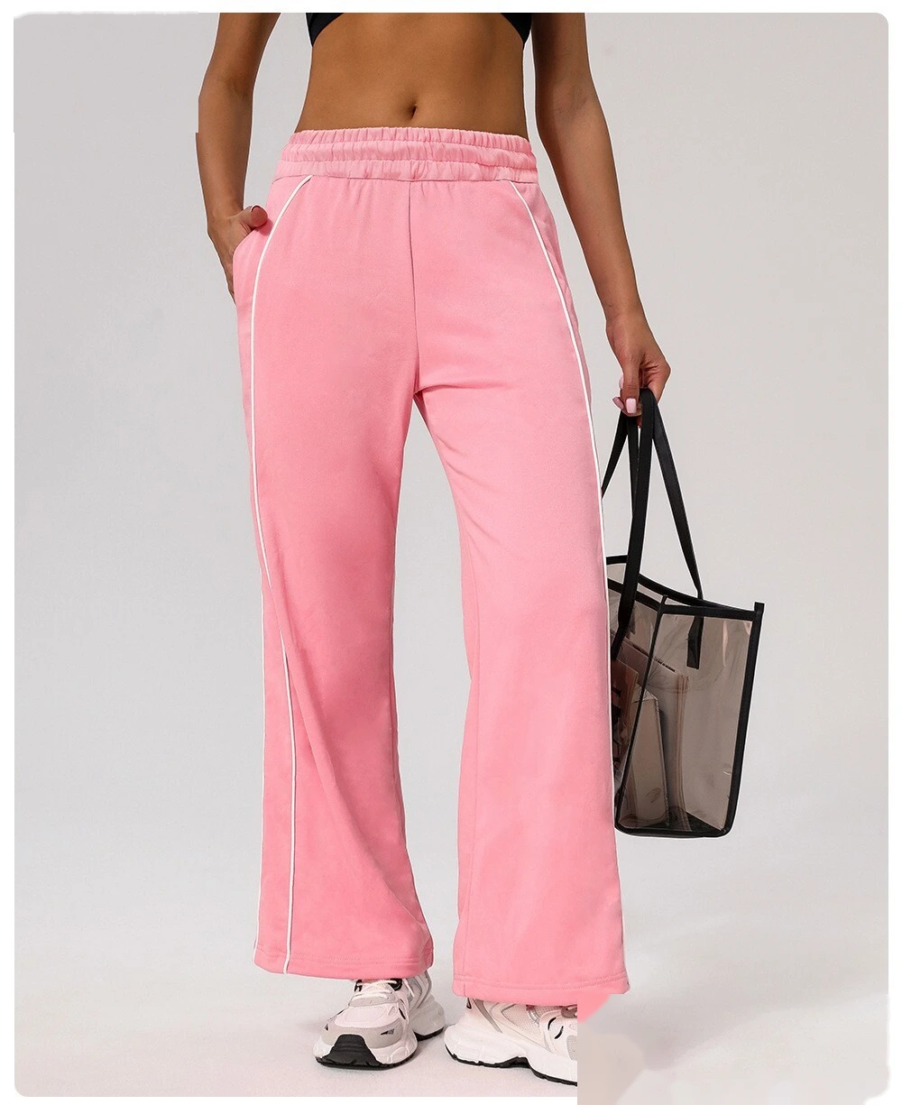 Custom leisure sports pants contrast American loose straight pants women's pocket yoga hip fitness wide-leg pants detail