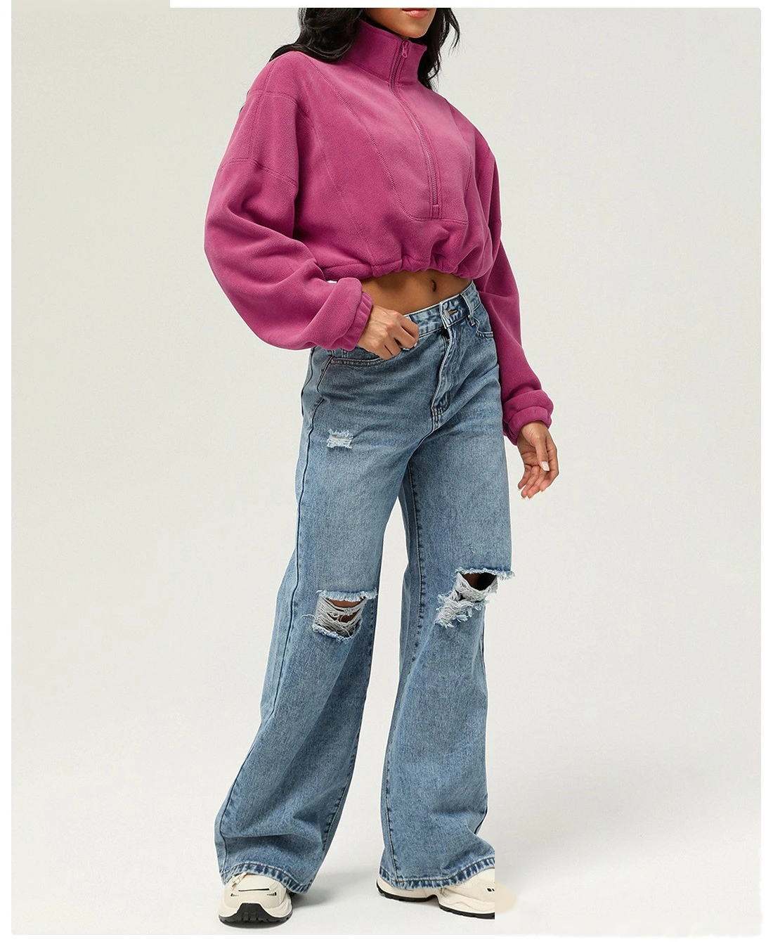 Customized autumn and winter Olympic fleece long-sleeved sweater stand-up zipper short casual warm sportswear women detail
