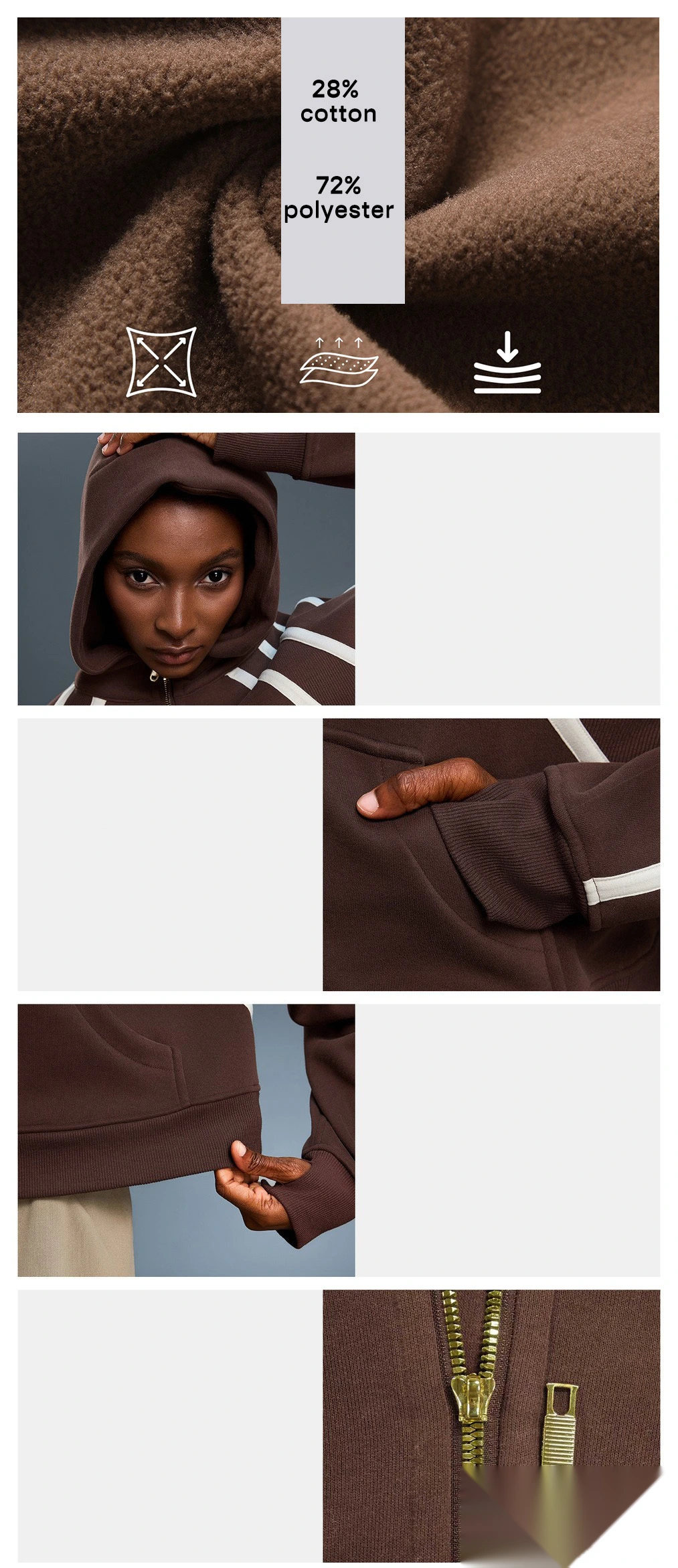Customized high-necked semi-zipper hooded women's velvet loose contrast sports coat sweater detail