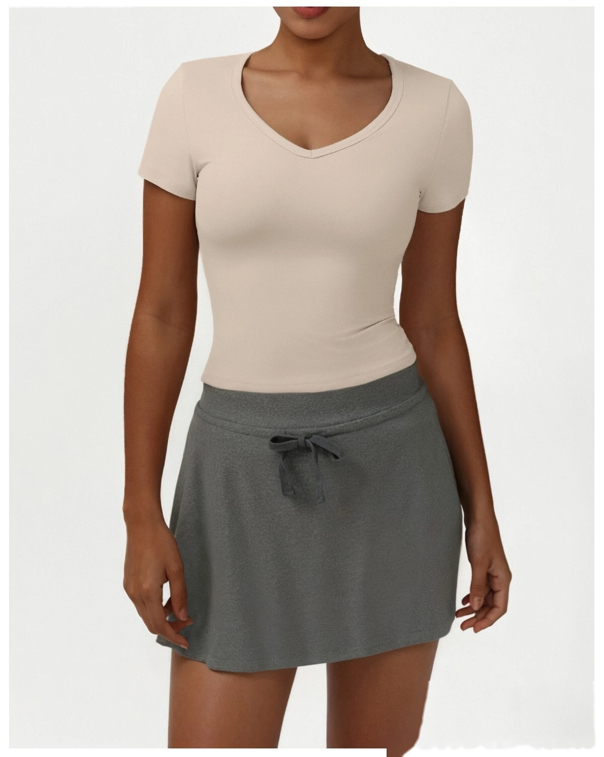 Custom Yoga Tennis Sports Set - Women's Slim Short Sleeve Top & Anti-See-Through Skort Casual Activewear detail