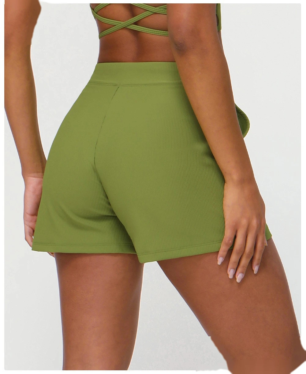 Customized rib loose casual shorts women's drawstring quick-drying yoga shorts pocket high elastic sports pants detail