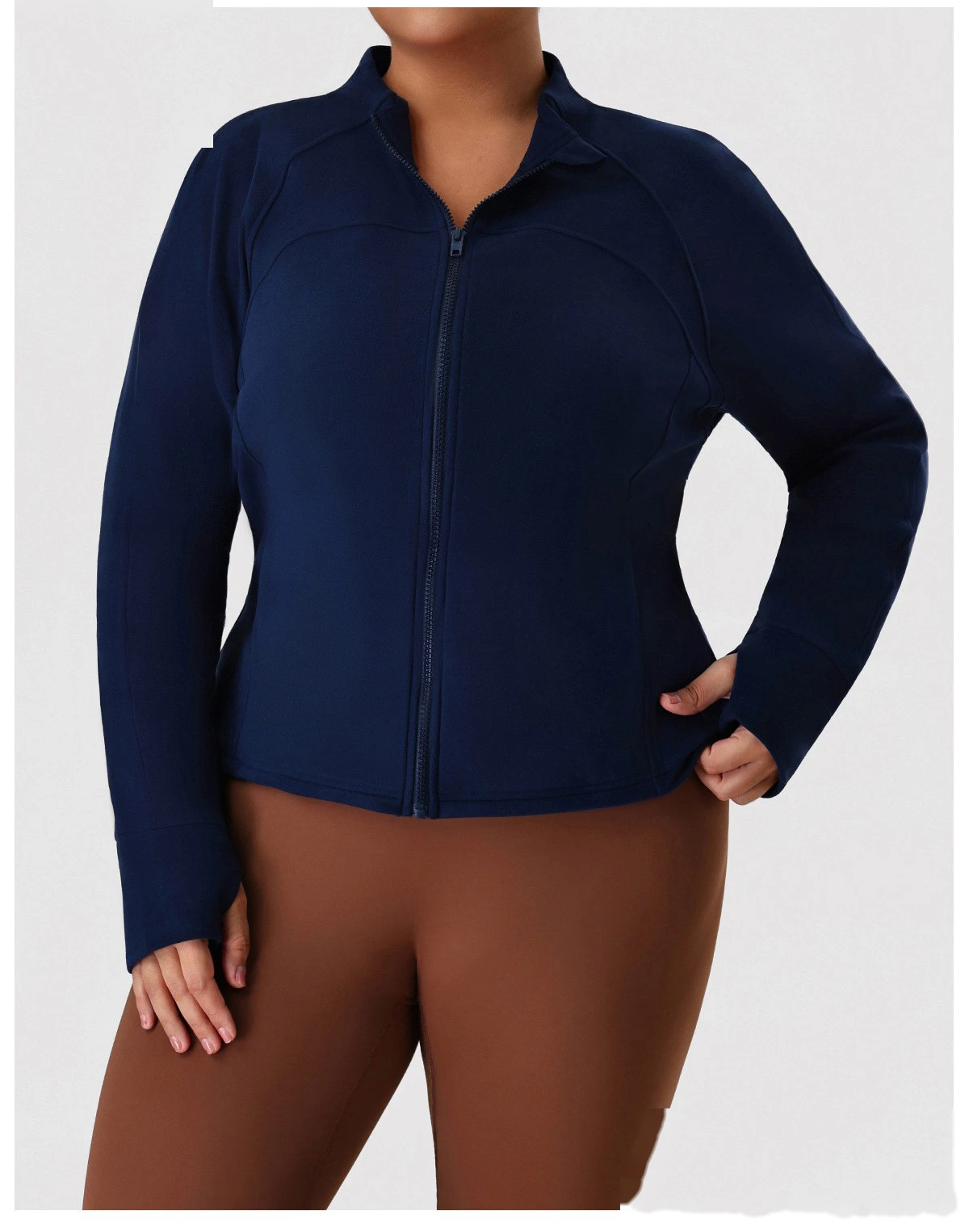 Custom Plus Size Slimming Fleece Sports Jacket for Women - Warm Figure-Hiding Stand Collar Plush Yoga Outerwear detail