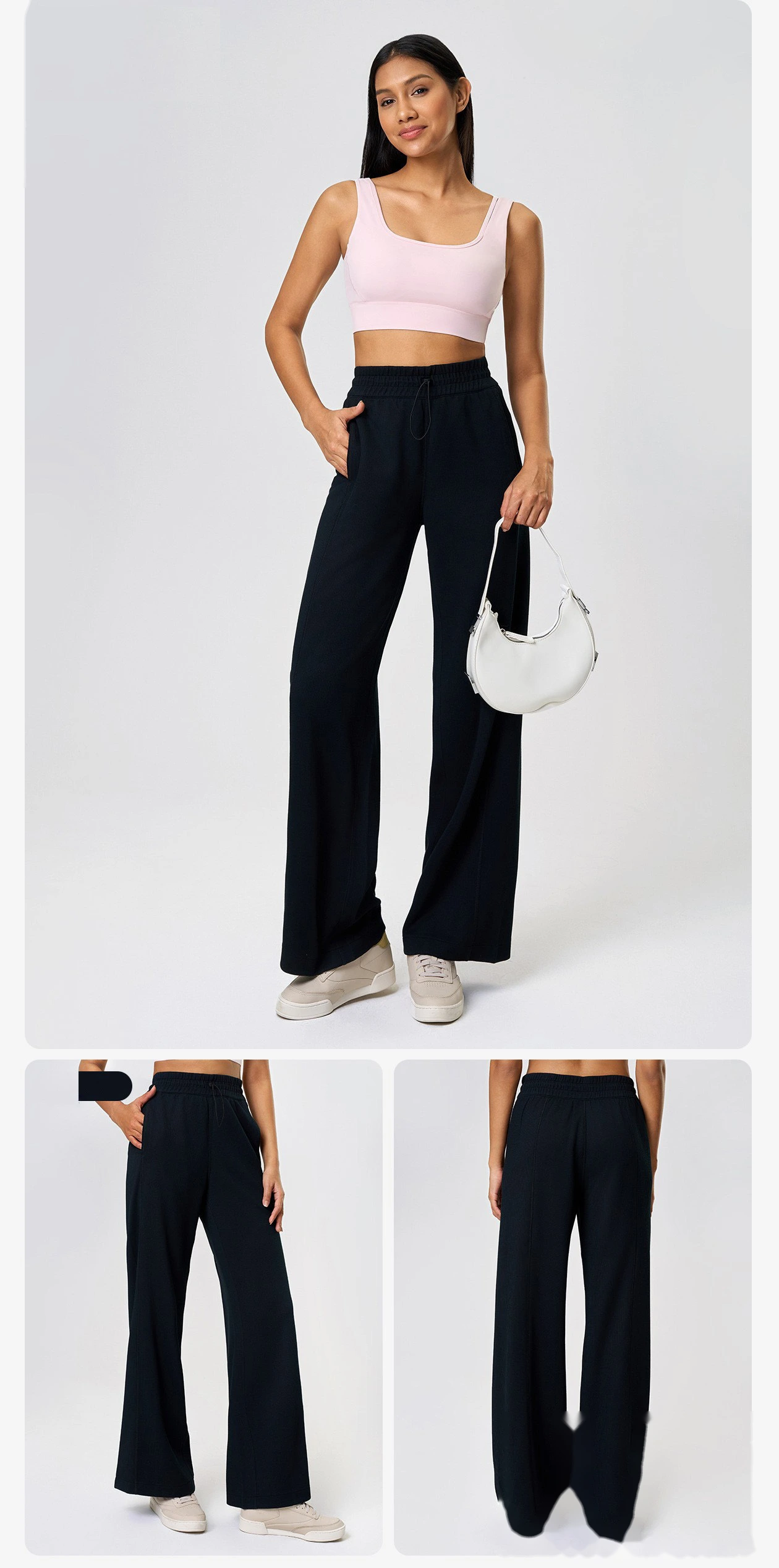 Yoga high waist straight pants waist drawstring casual pants with long legs and loose wide legs running pants detail