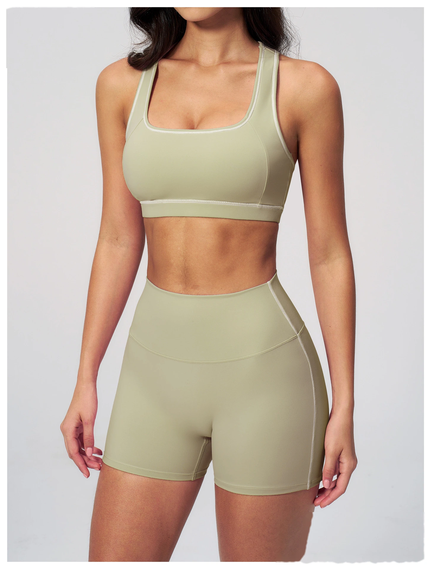 European American Style Color Block Yoga Bra & Hip Lifting Shorts Set, Women 2 Piece Fitness Activewear detail