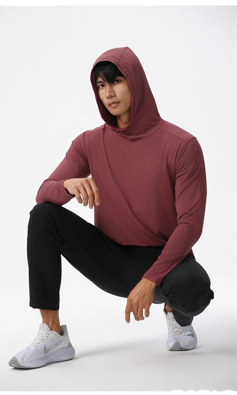 Customized men's fitness suit long sleeve hooded pullover loose muscle dog sports T-shirt elastic training suit detail