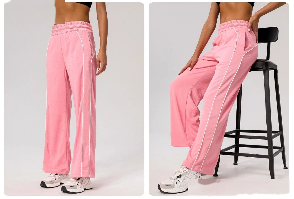 Custom leisure sports pants contrast American loose straight pants women's pocket yoga hip fitness wide-leg pants detail