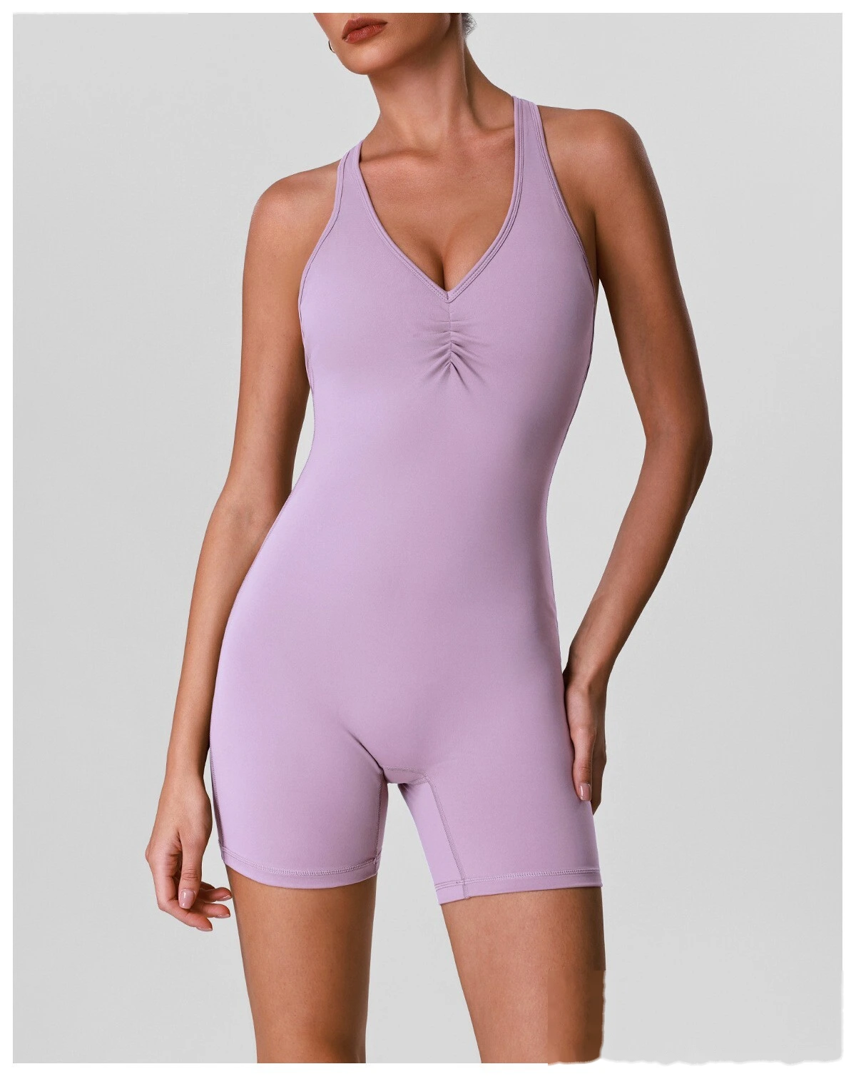 Custom Women’s Crisscross Beauty Back Yoga Romper V-Neck with Chest Pads High Stretch Fitness Short Jumpsuit detail