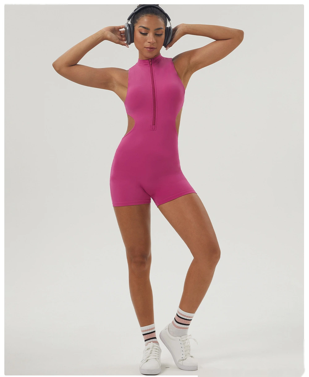 Customized sexy yoga jumpsuit shaping slim zipper stand collar sports jumpsuit shorts fitness suit detail