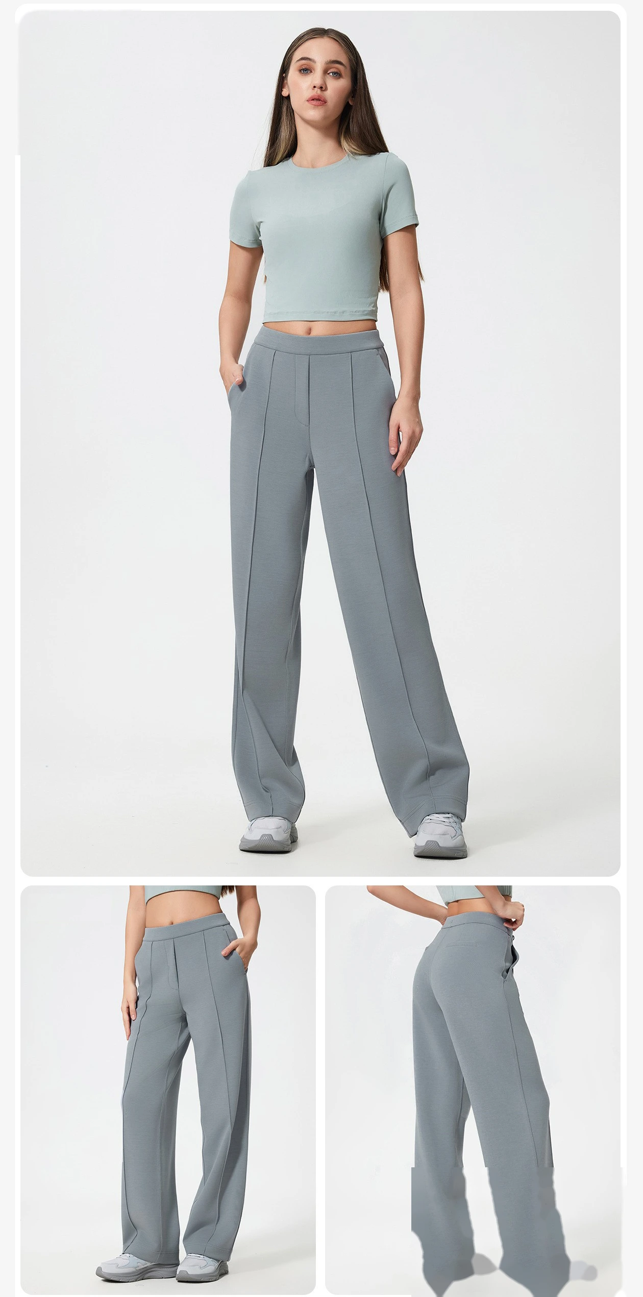 Custom sports casual pants women's loose and slim straight pants air layer bare wide-leg pants detail