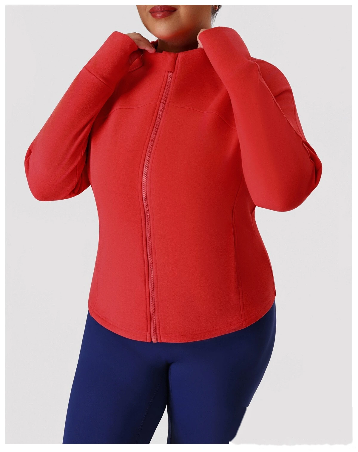 Custom Plus Size Slimming Fleece Sports Jacket for Women - Warm Figure-Hiding Stand Collar Plush Yoga Outerwear detail