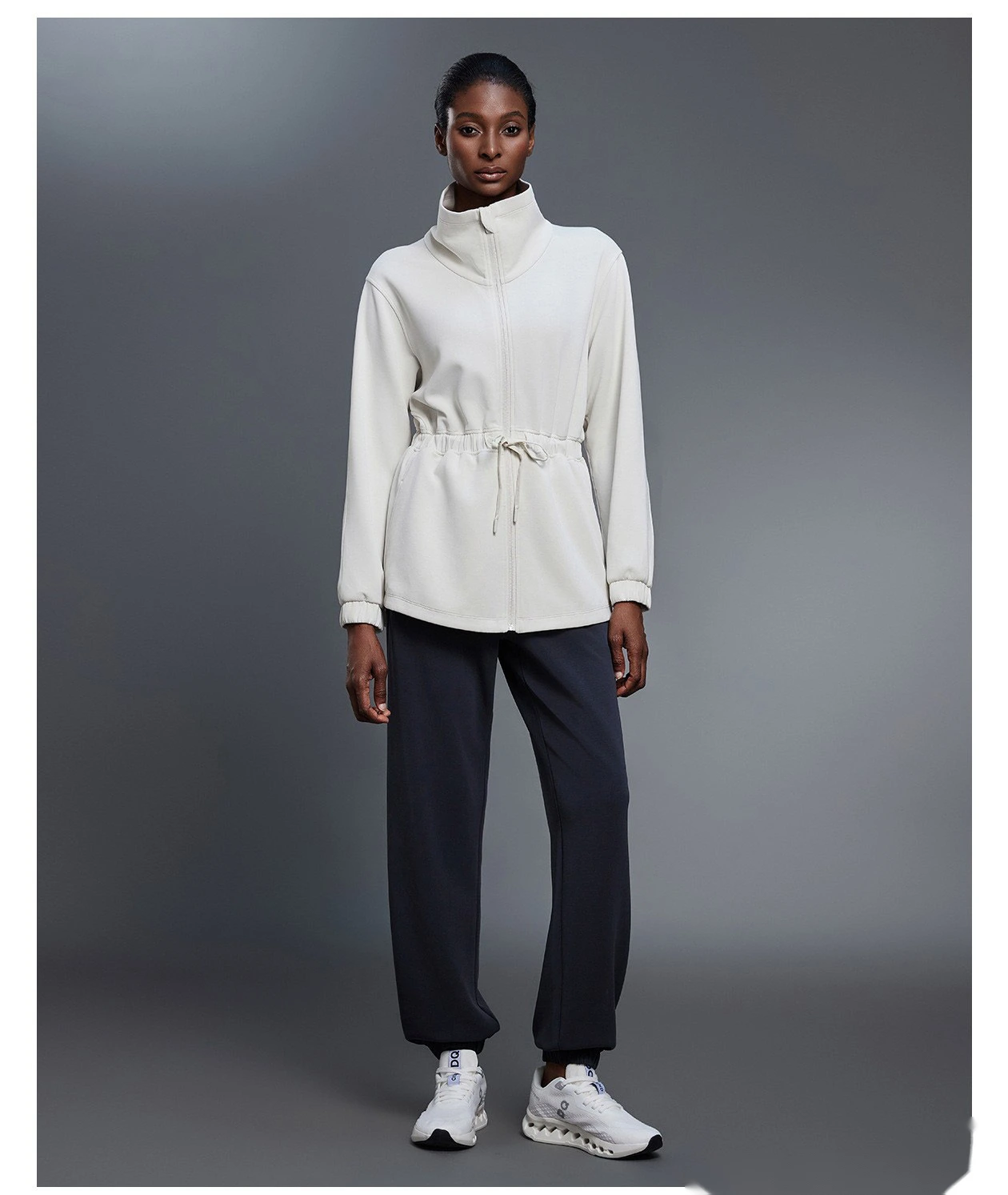 Custom-made long coat women's drawstring waist jacket leisure commuter sports windbreaker detail