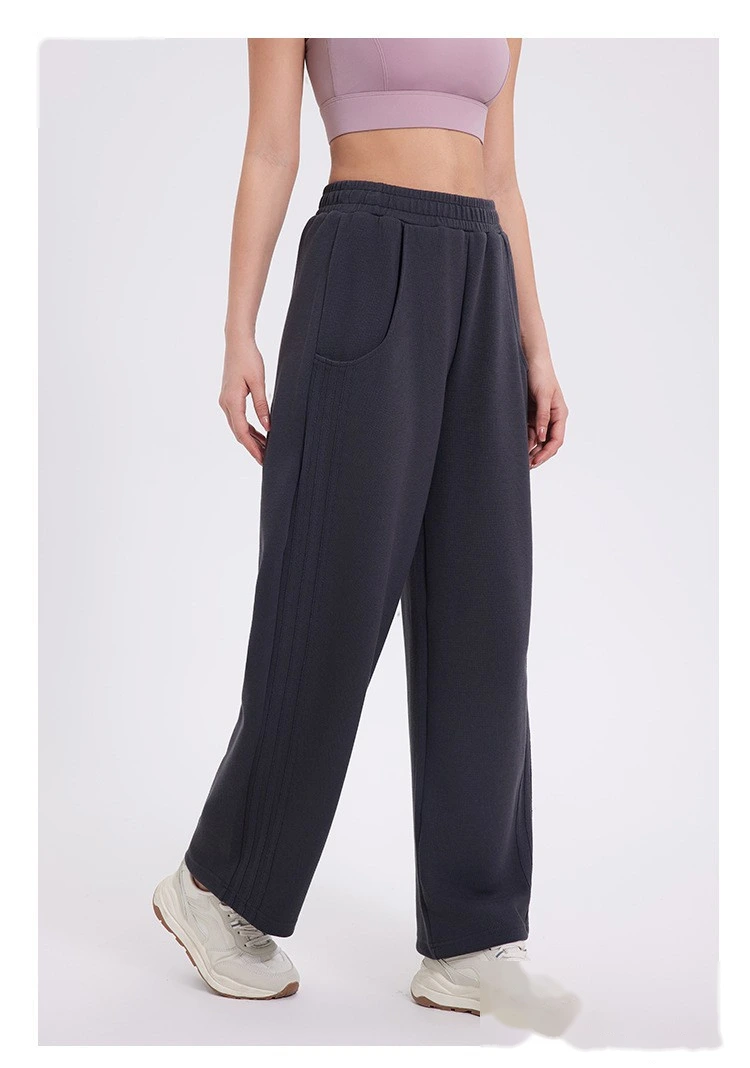 Custom autumn and winter sports pants women's classic three-bar padded high waist casual straight pants detail