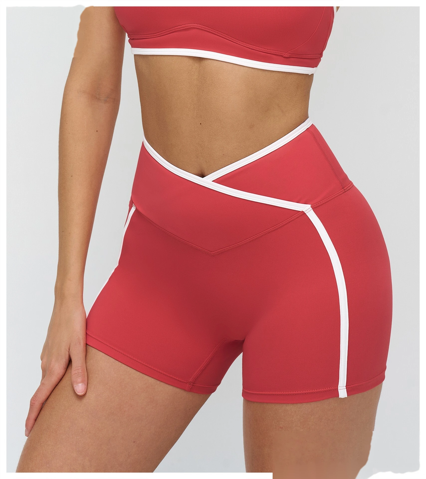 Custom Color Block Tight Workout Shorts - Buttery Soft Cross Waist Yoga Running Shorts detail