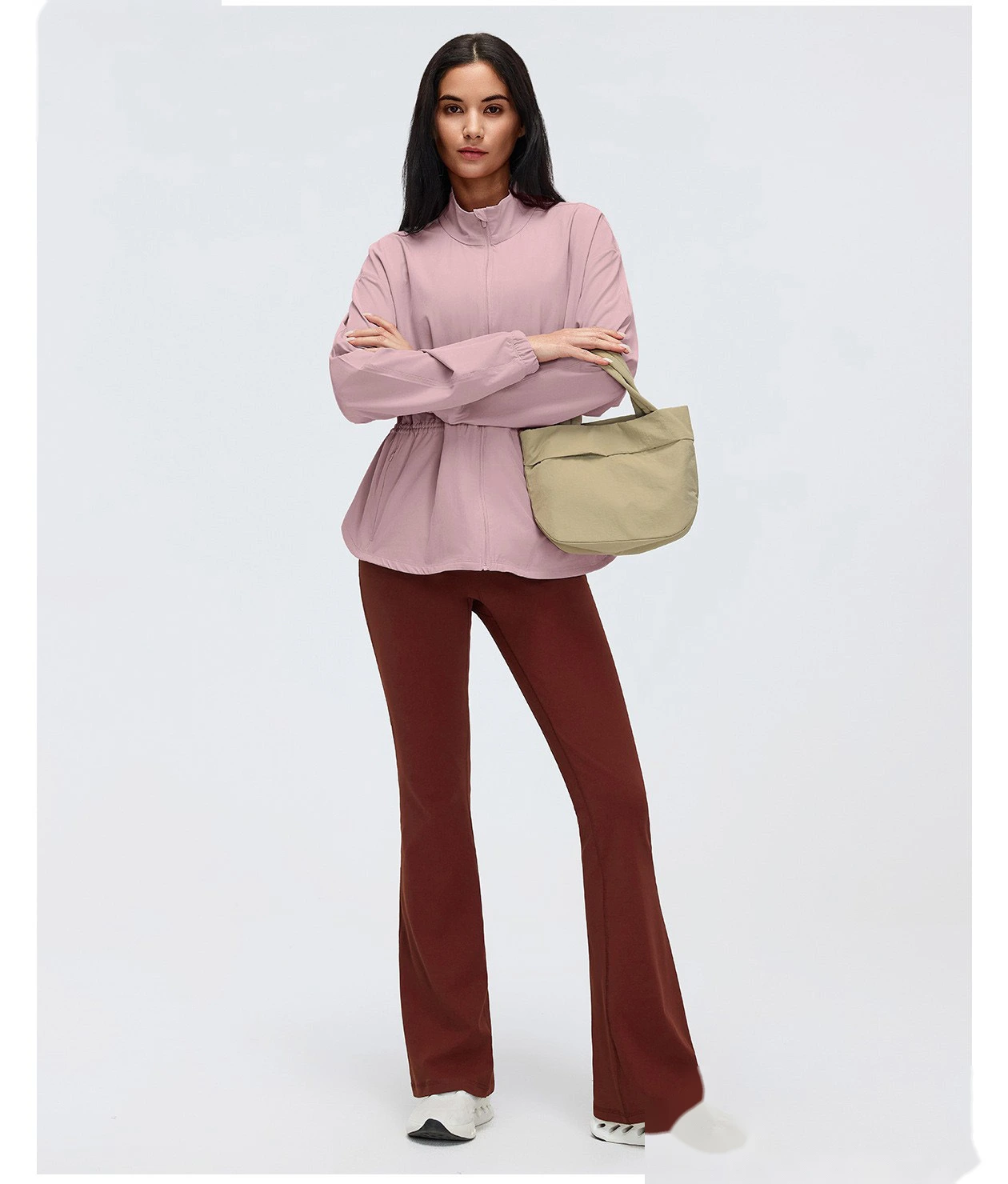 Custom Women’s Stand Collar Sports Jacket Slim Waist Loose Fit Workout Yoga Running Outerwear detail