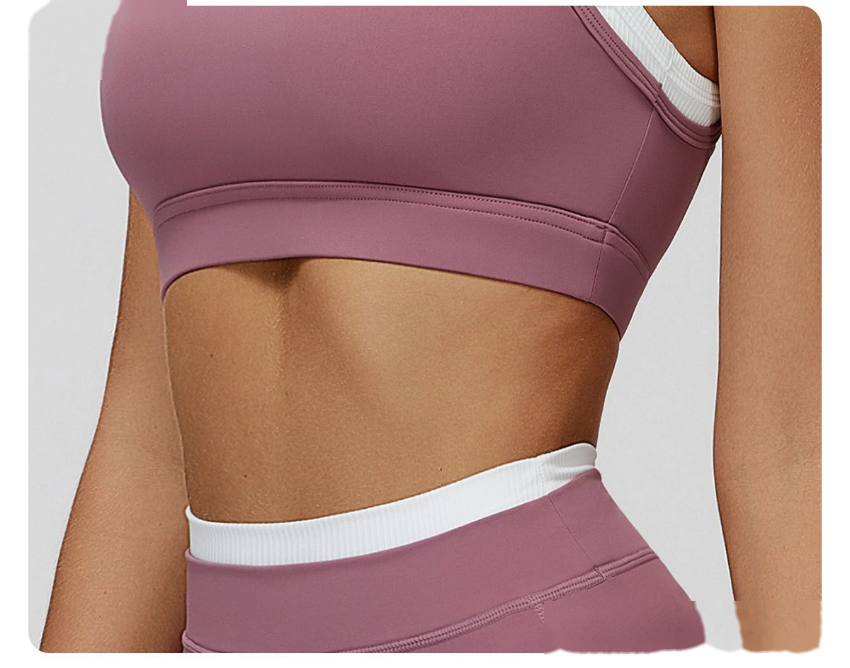 Customizable Naked-Feel Yoga Bra | Women's Fake Two-Piece Ribbed Contrast, Fitness & Running Style detail