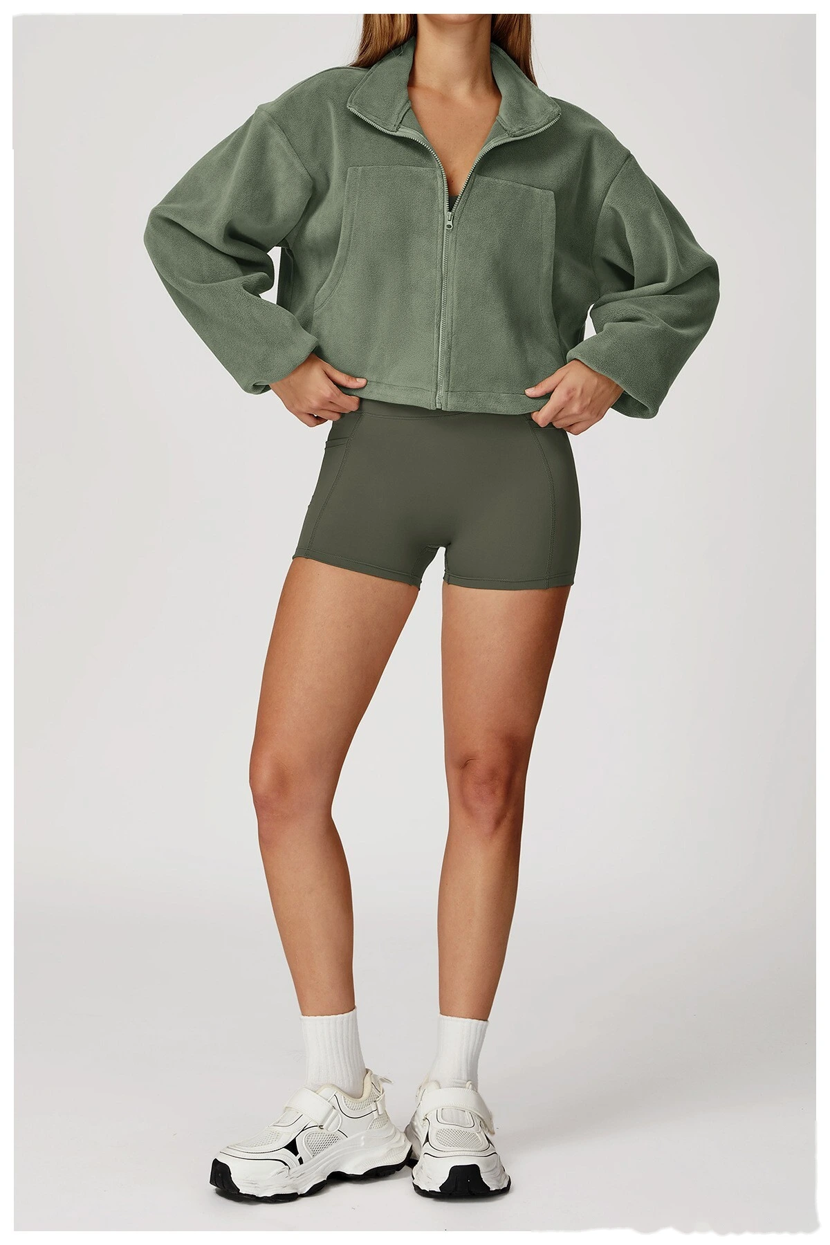Customized Stand-Collar Windproof Warm Polar Fleece Drawstring Jacket - Women’s Fleece-Lined Athletic Sweatshirt detail