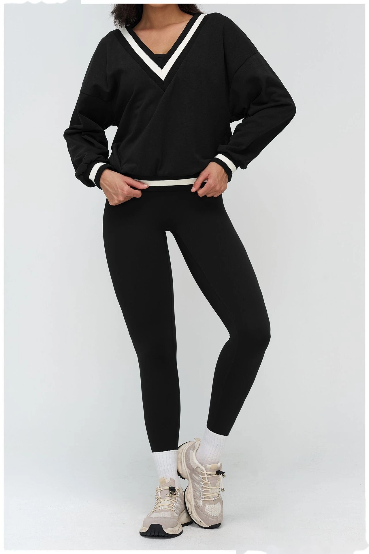 Bulk Custom V-Neck Casual Hoodie - Color Block Loose Fit Outdoor Sports Running Sweatshirt detail