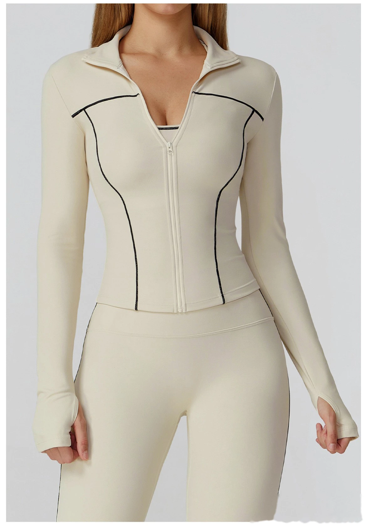 Custom contrast sanding yoga jacket zipper windproof slim coat outdoor sports running fitness clothes women detail