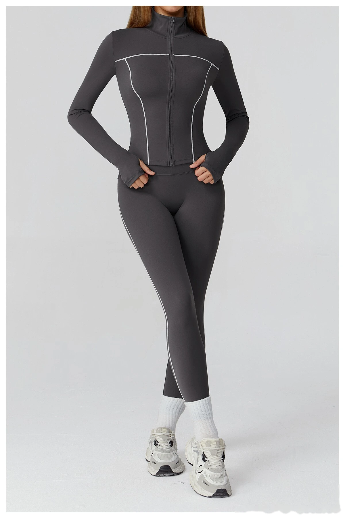 Custom contrast sanding yoga jacket zipper windproof slim coat outdoor sports running fitness clothes women detail