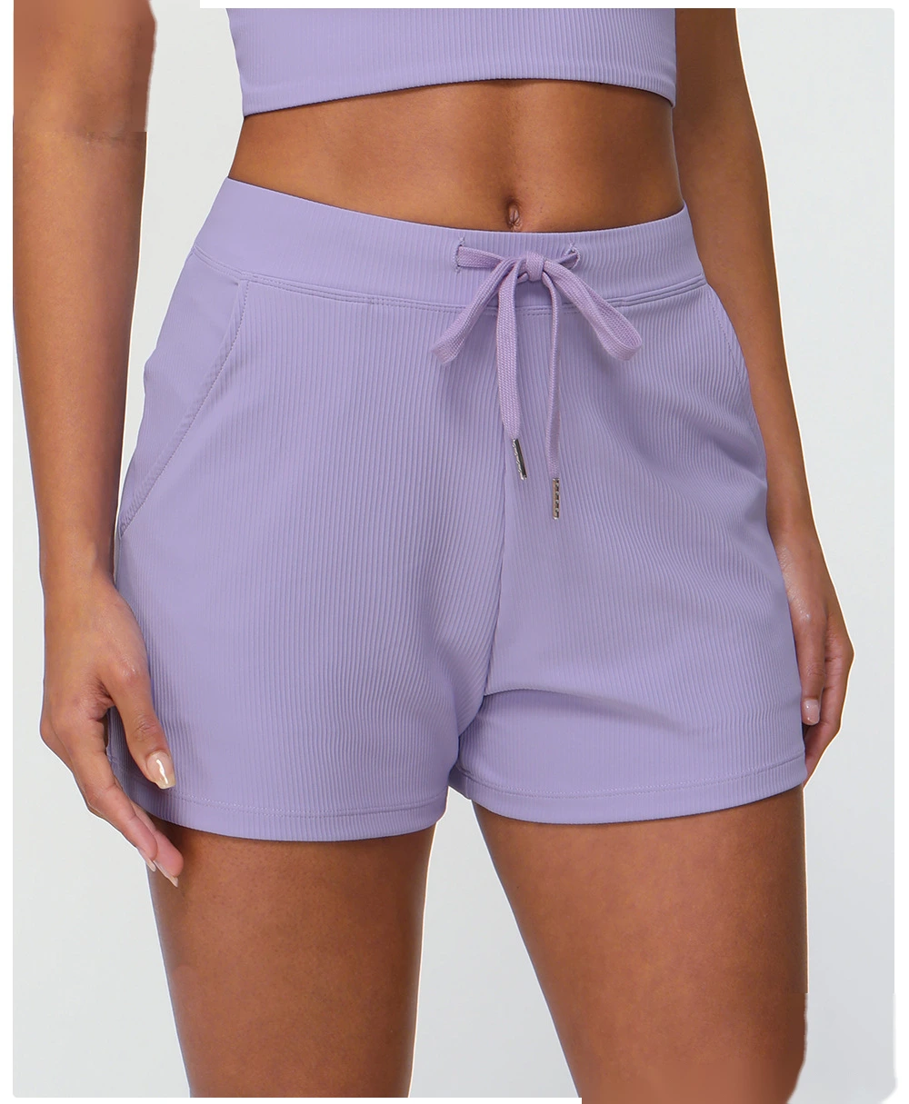 Customized rib loose casual shorts women's drawstring quick-drying yoga shorts pocket high elastic sports pants detail
