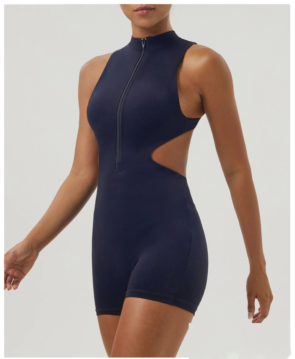 Customized sexy yoga jumpsuit shaping slim zipper stand collar sports jumpsuit shorts fitness suit detail