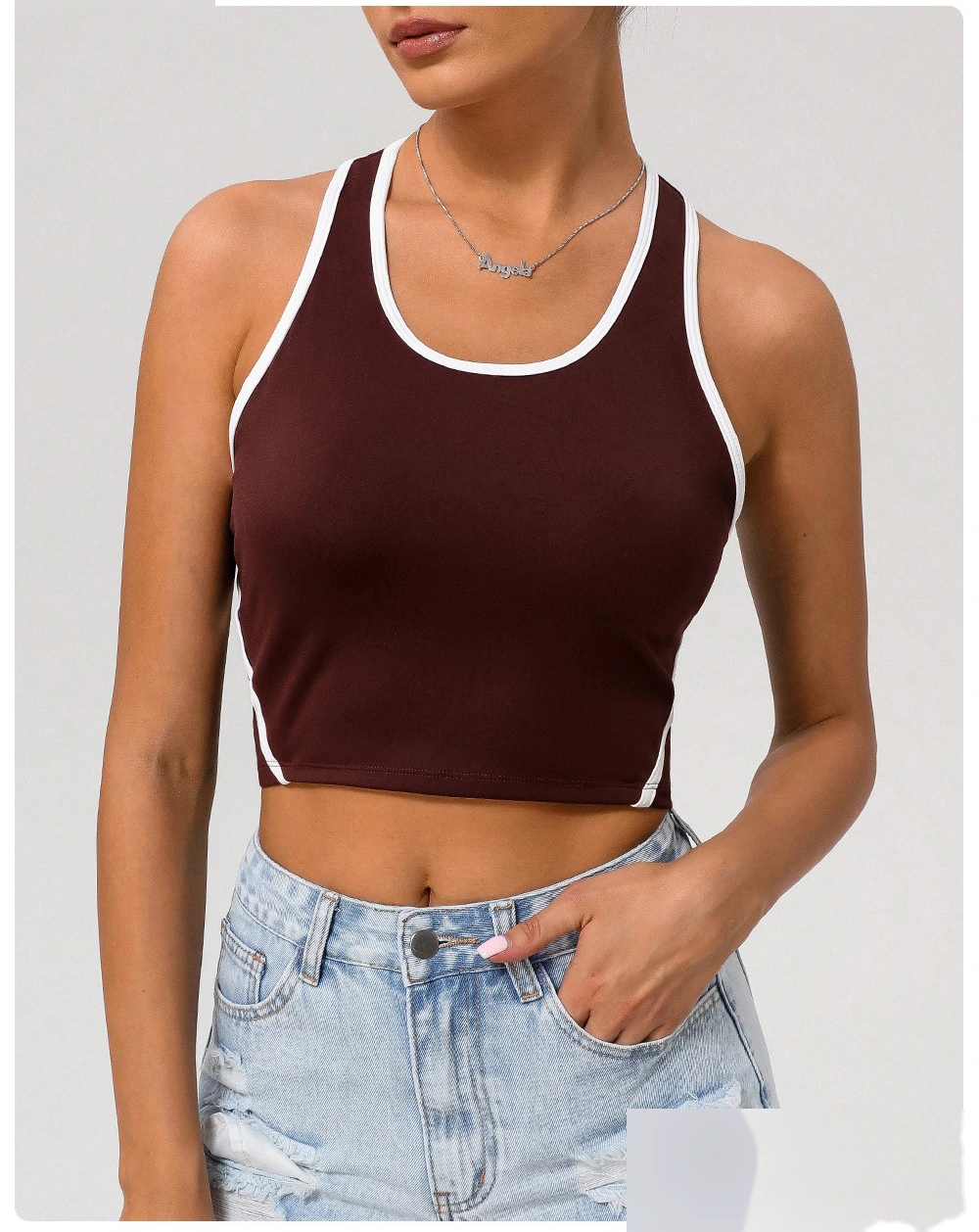 Custom-made tight-fitting nude contrast sports fitness underwear female worker word beautiful back yoga vest detail