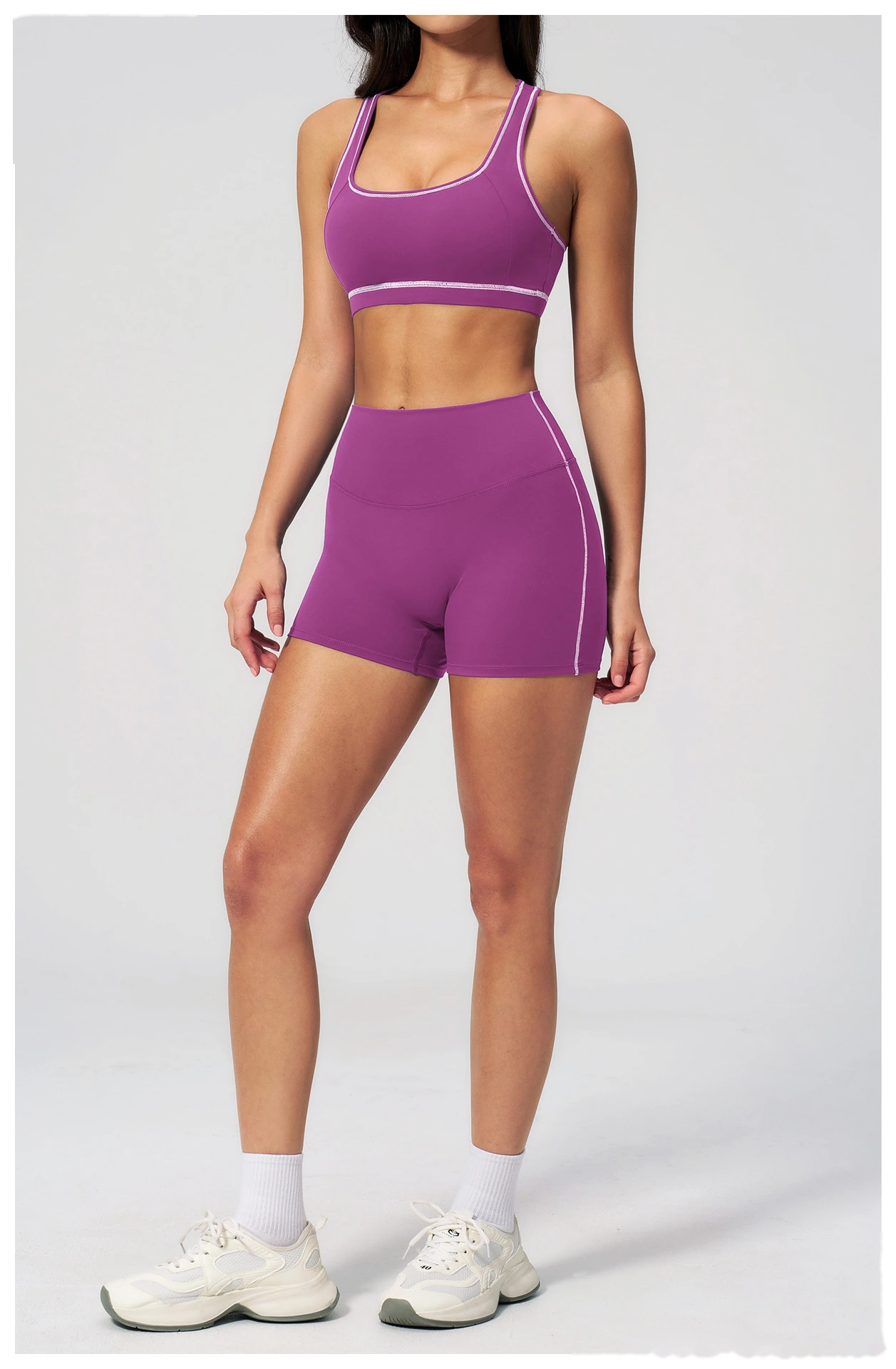 European American Style Color Block Yoga Bra & Hip Lifting Shorts Set, Women 2 Piece Fitness Activewear detail