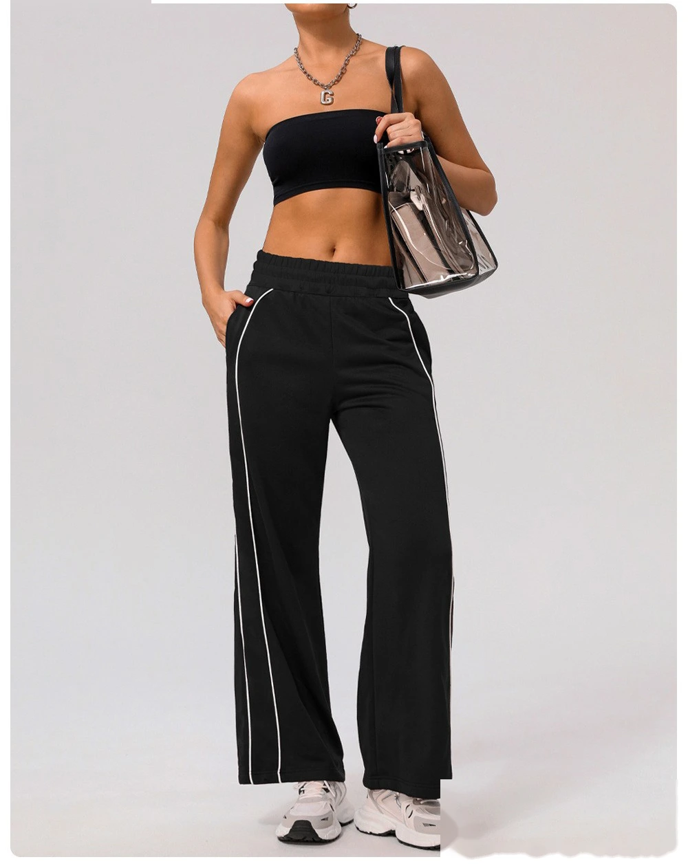 Custom leisure sports pants contrast American loose straight pants women's pocket yoga hip fitness wide-leg pants detail