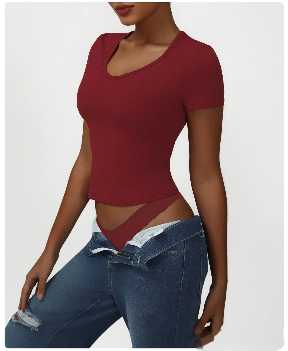 Custom tight fashion casual sports T-shirt small V-neck sexy high-elastic yoga clothes short-sleeved shirt detail