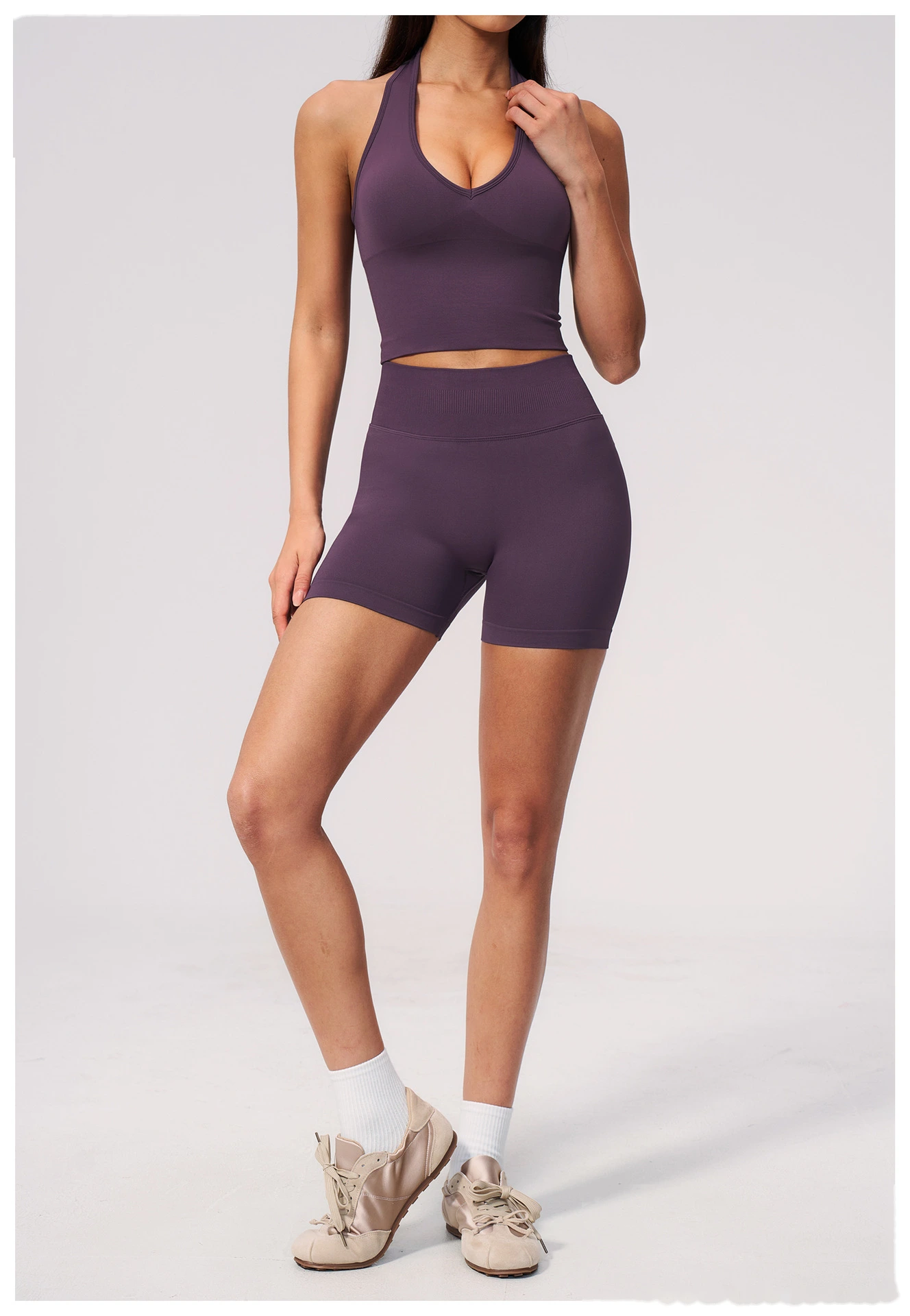 Custom Logo Seamless Sports Two Piece Set, Halter Neck V Front Yoga Top, High Waist Tummy & Hip Shaping Fitness Suit detail