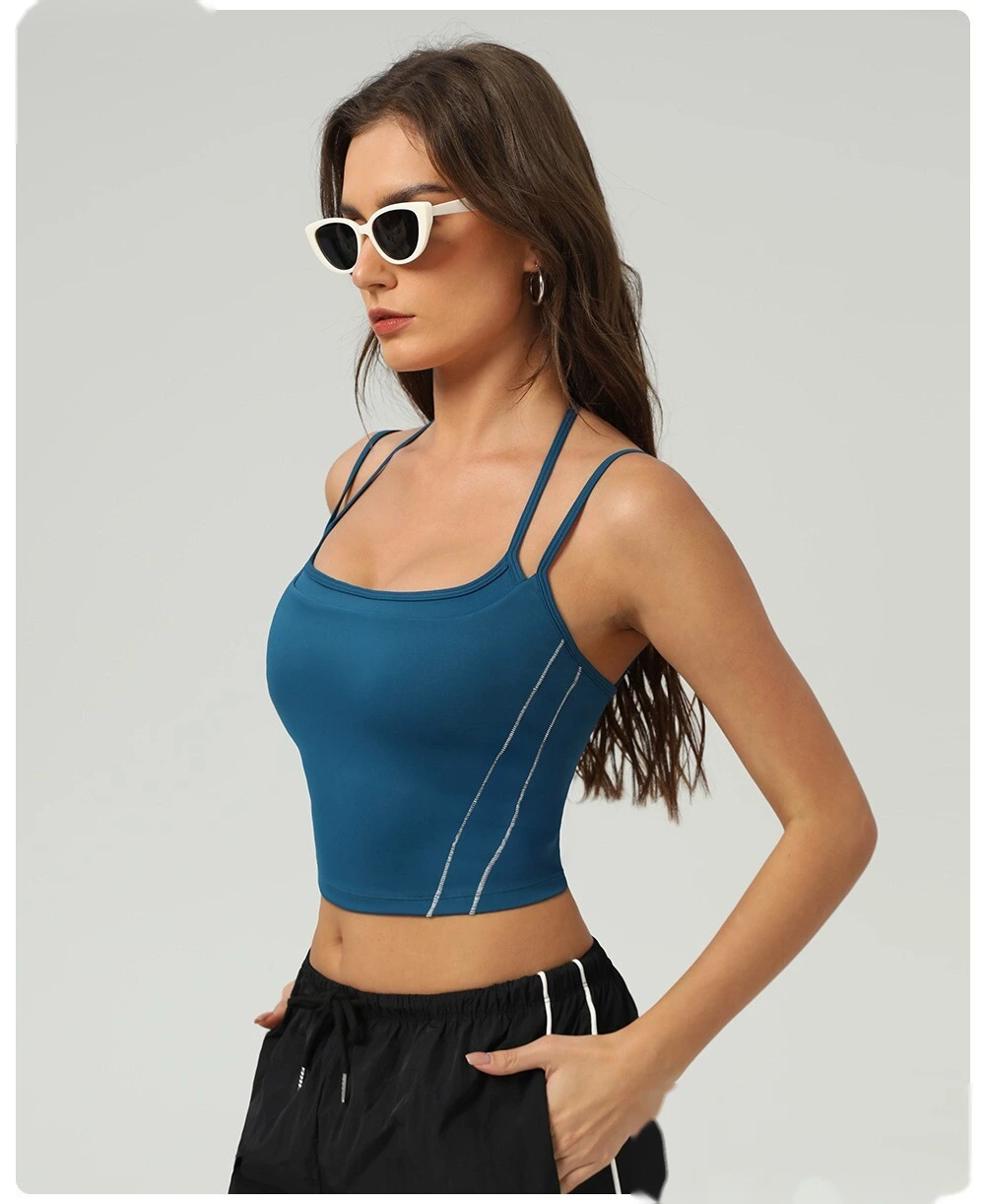 Customized nude contrast top tight waist outdoor sports bra women's thin shoulder strap vest suspender bra detail