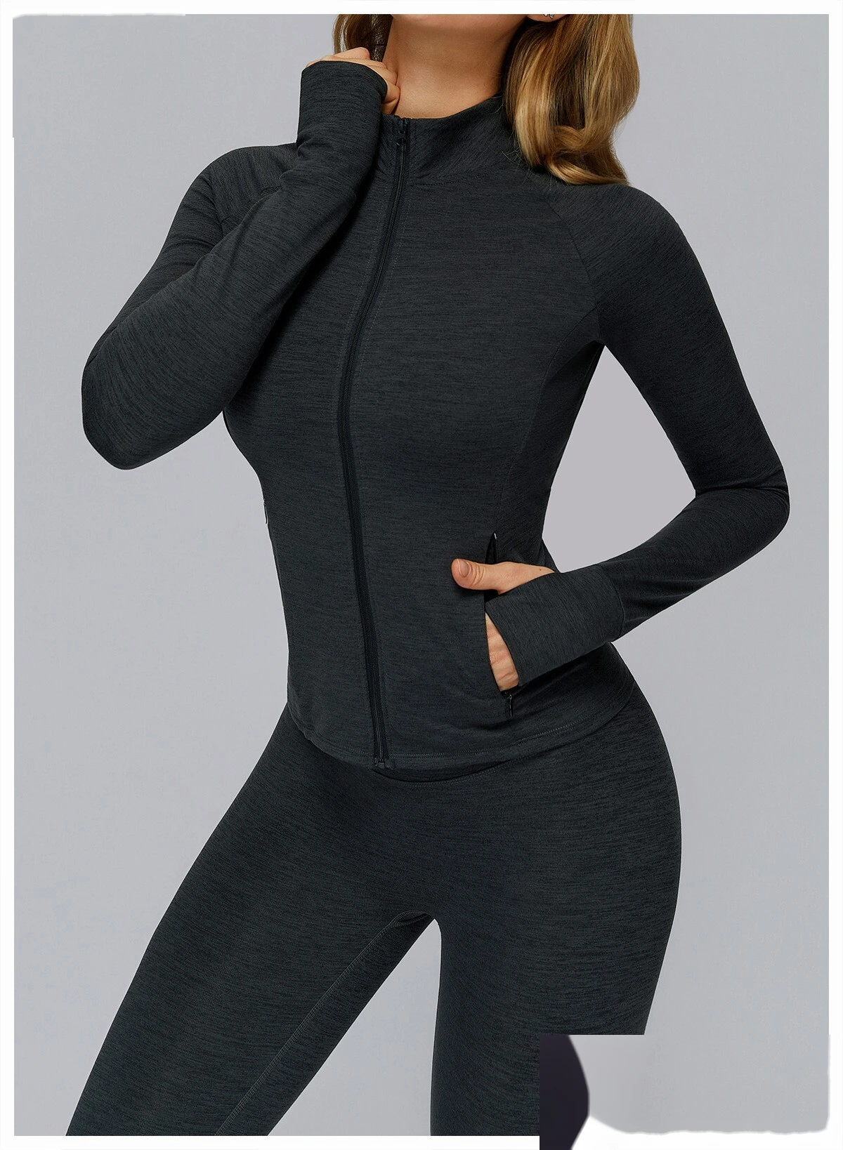 Customized long sleeve jacket zipper pocket quick-drying tight top outdoor sports running fitness jacket detail