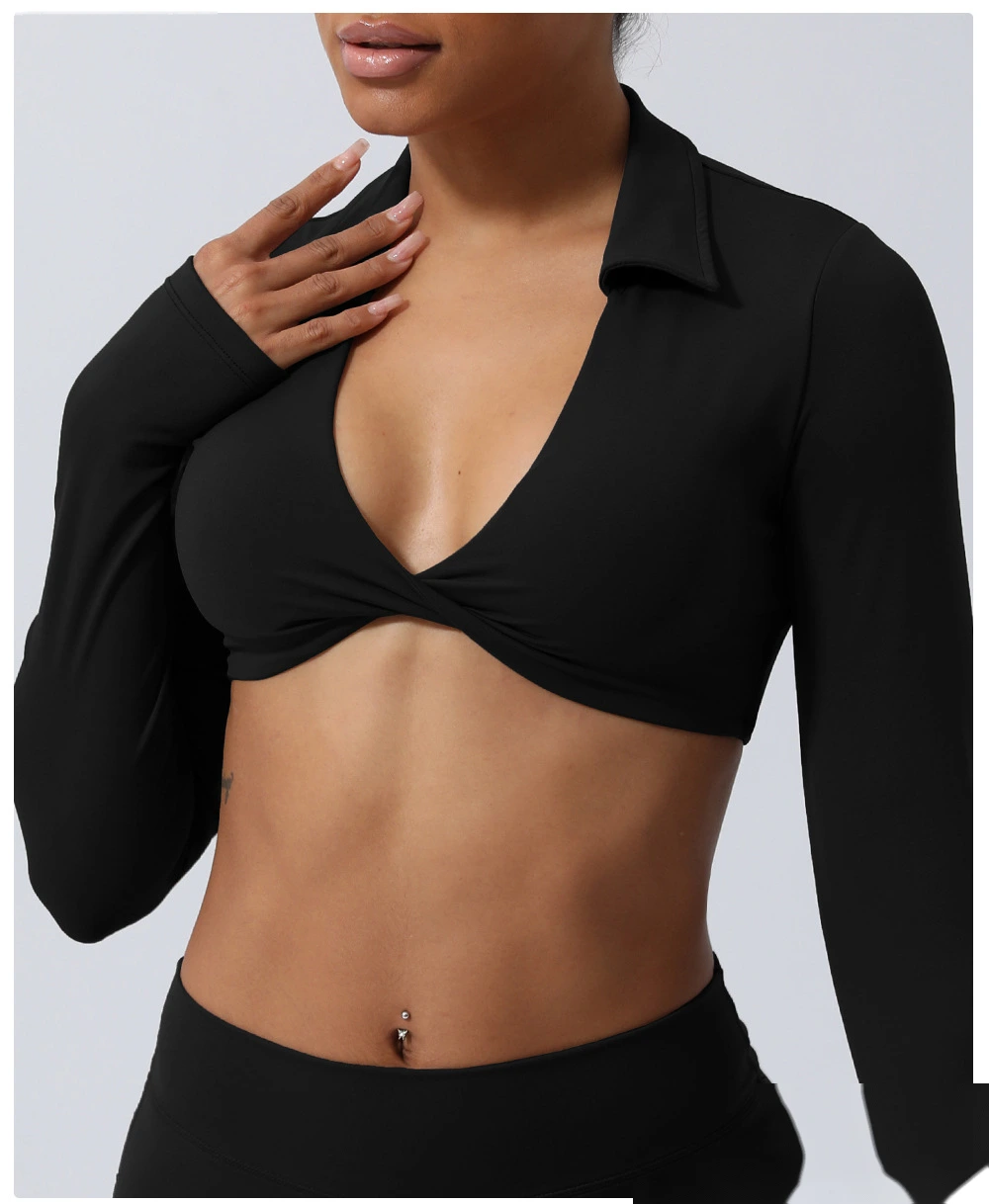 Custom-made nude lapel twisted sports shirt sexy navel yoga clothes long sleeve T-shirt detail