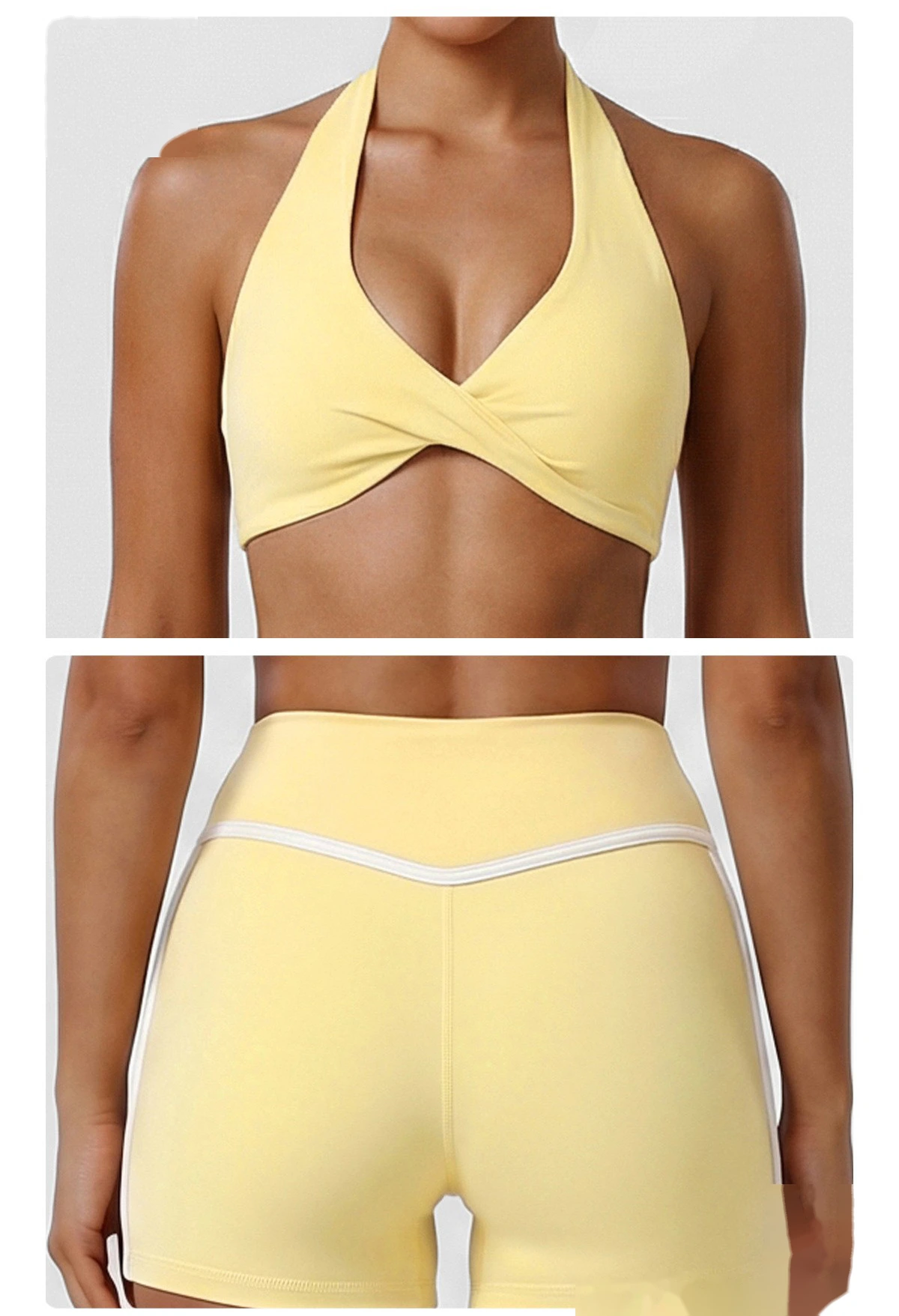 New Summer Women's Active Set, Halter Beauty Back Sports Bra with High Waist Tummy Control Workout Shorts detail