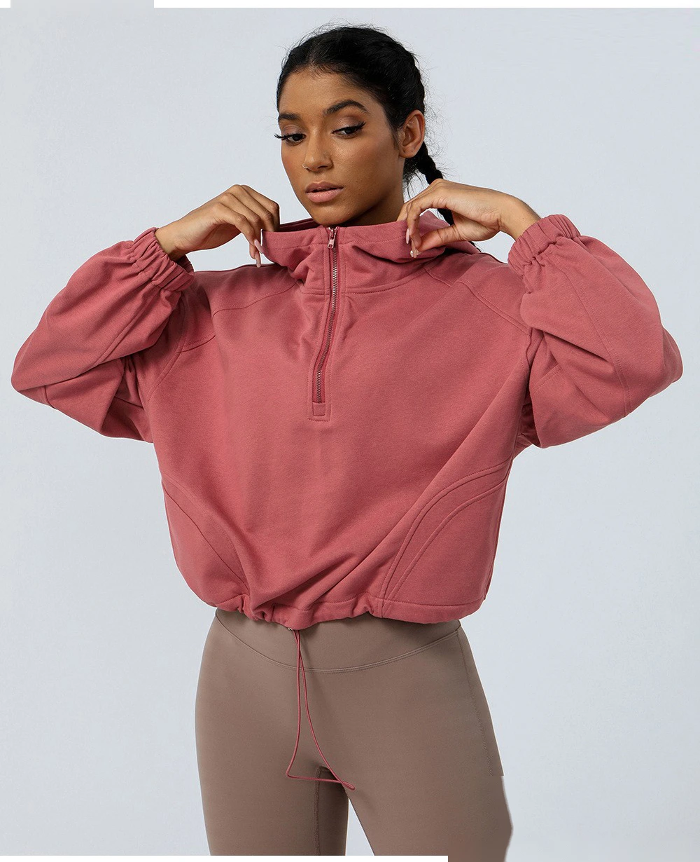 Custom hooded zipper loose yoga fitness jacket women's outdoor running coat long sleeve sweater detail