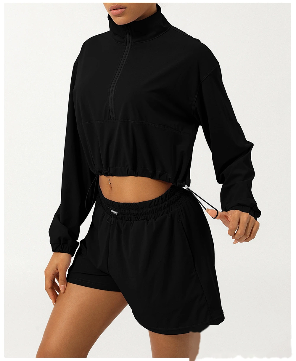 Customized semi-zipper turtleneck sunscreen yoga suit jacket UV-proof outdoor drawstring hooded sun-protective clothing detail