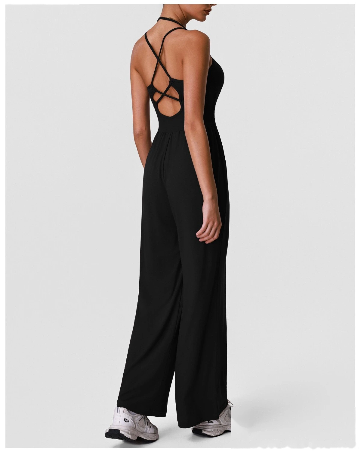 Women’s Halter Hollow Beauty Back Yoga Jumpsuit Casual Wide Leg One Piece Sportswear With Built-in Pads detail
