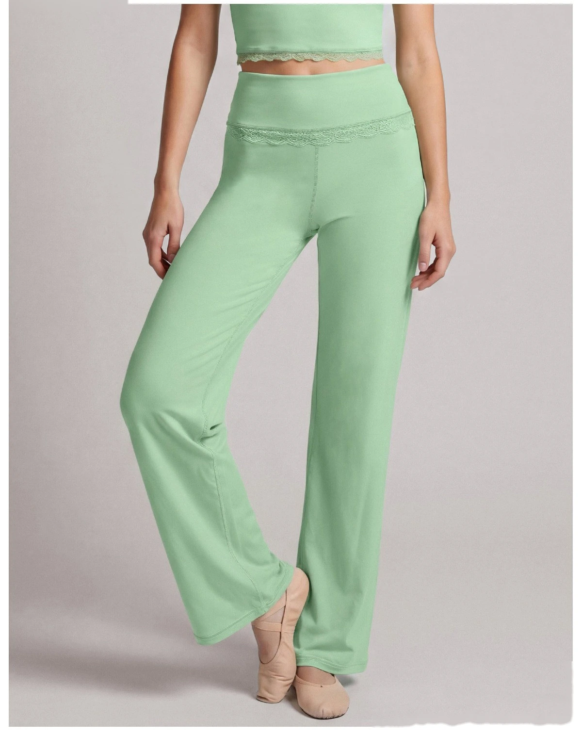 Custom 2 Piece Yoga Set, Lace Spliced Top & Straight Wide Leg Pants, Soft Stretch Activewear Outfit for Dance Training detail