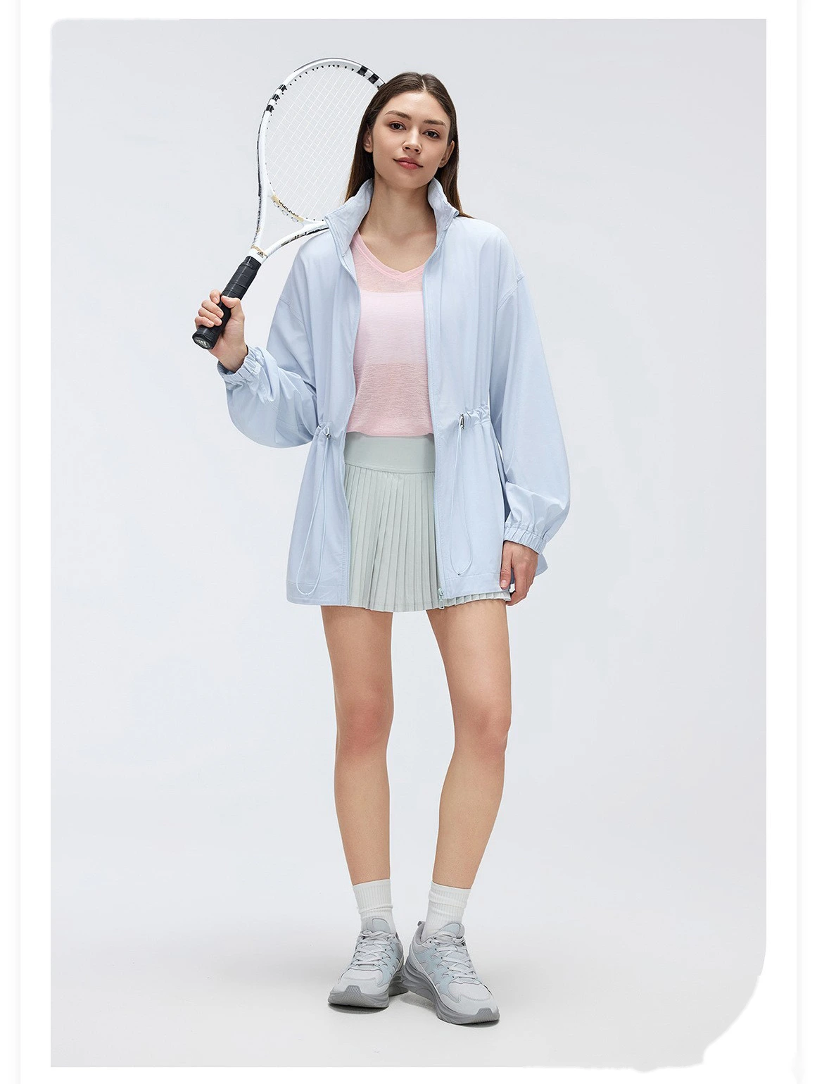 Women’s Custom Packable Hooded Stand Collar Sports Jacket Drawstring Waist Slim Fit Mid Length Zip Up Jacket detail